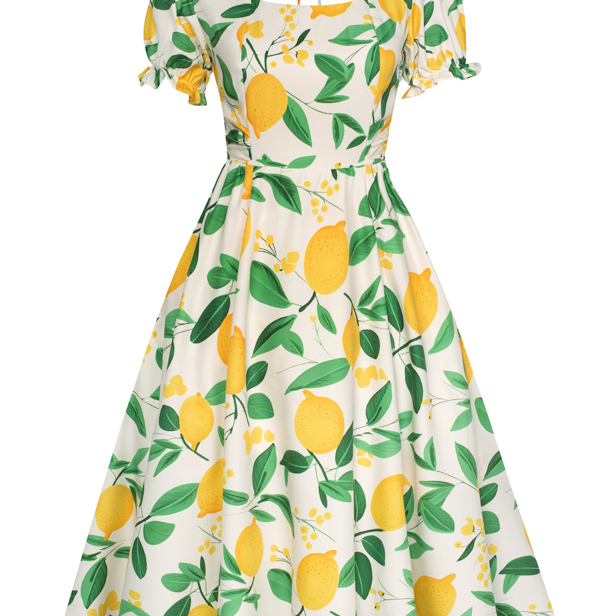 belle poque Vintage Daisy Flower Print Cottagecore Cocktail Dresses Square Neck Puff Sleeve Dress with Pockets Lemon