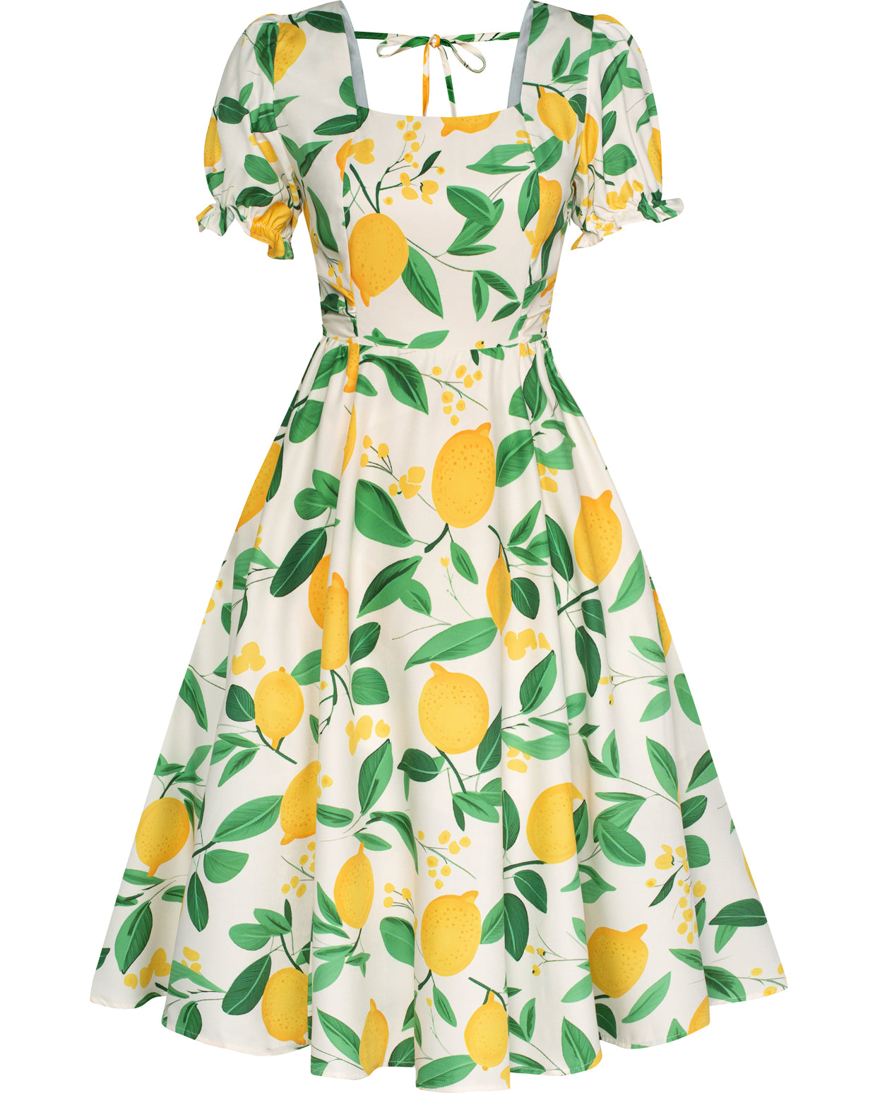 belle poque Vintage Daisy Flower Print Cottagecore Cocktail Dresses Square Neck Puff Sleeve Dress with Pockets Lemon