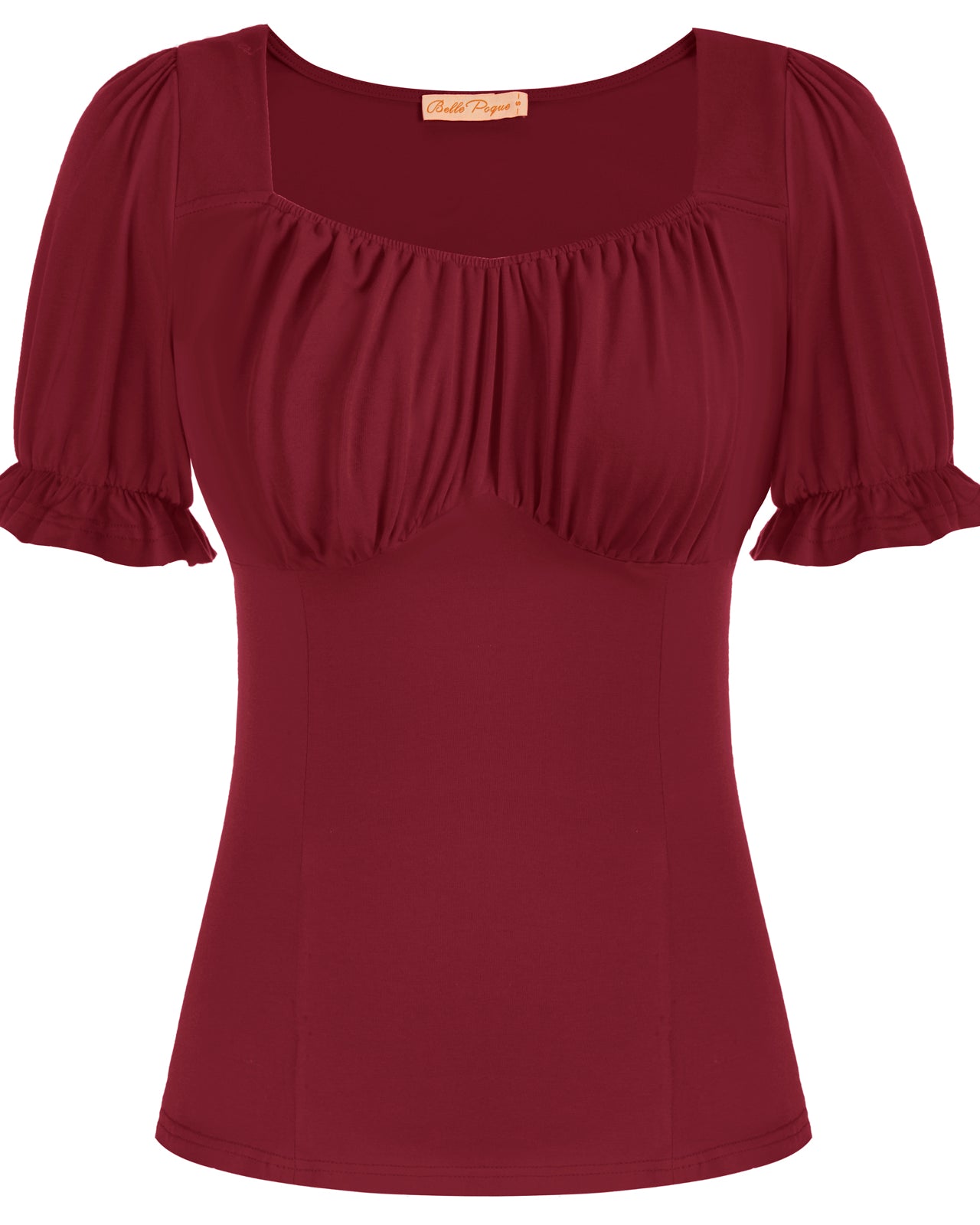 belle poque Solid Color Cotton Tops Slim Fit Puffed Short Sleeve Ruched Tops