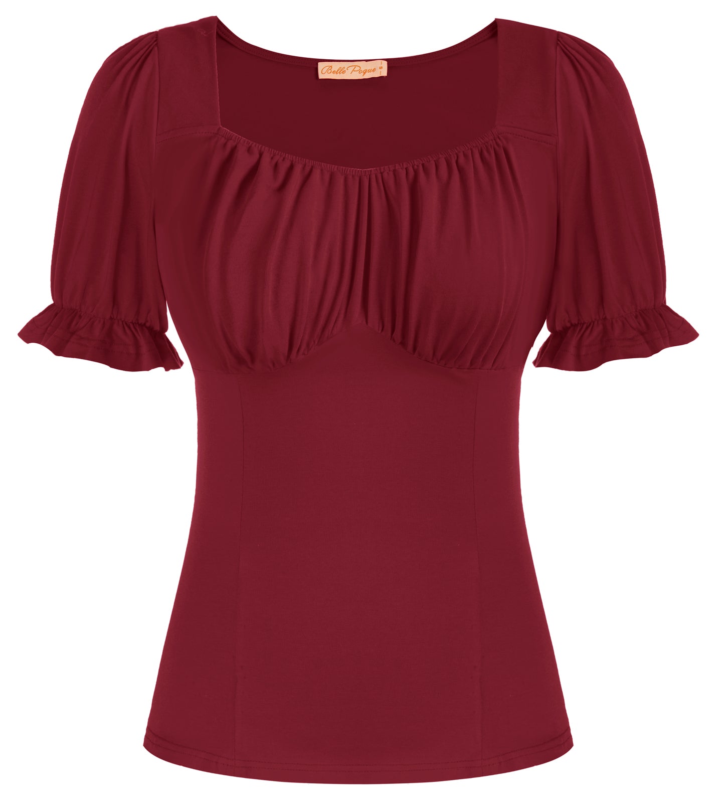 belle poque Solid Color Cotton Tops Slim Fit Puffed Short Sleeve Ruched Tops