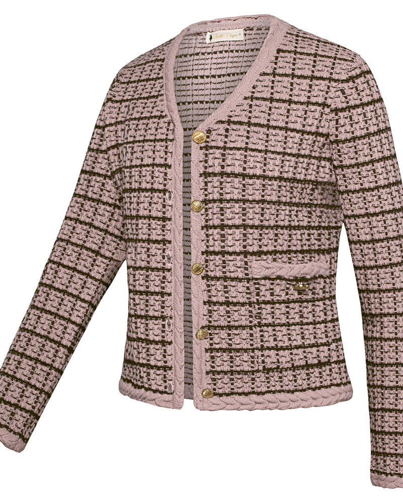 belle poque Contrast Color Cardigan Long Sleeve V-Neck Cable Knitted Sweater