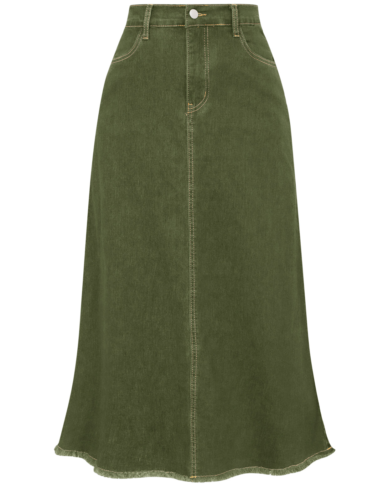 belle poque Multi-Pocket Jean Skirt Elastic High Waist Raw Hem Midi A-Line Skirt