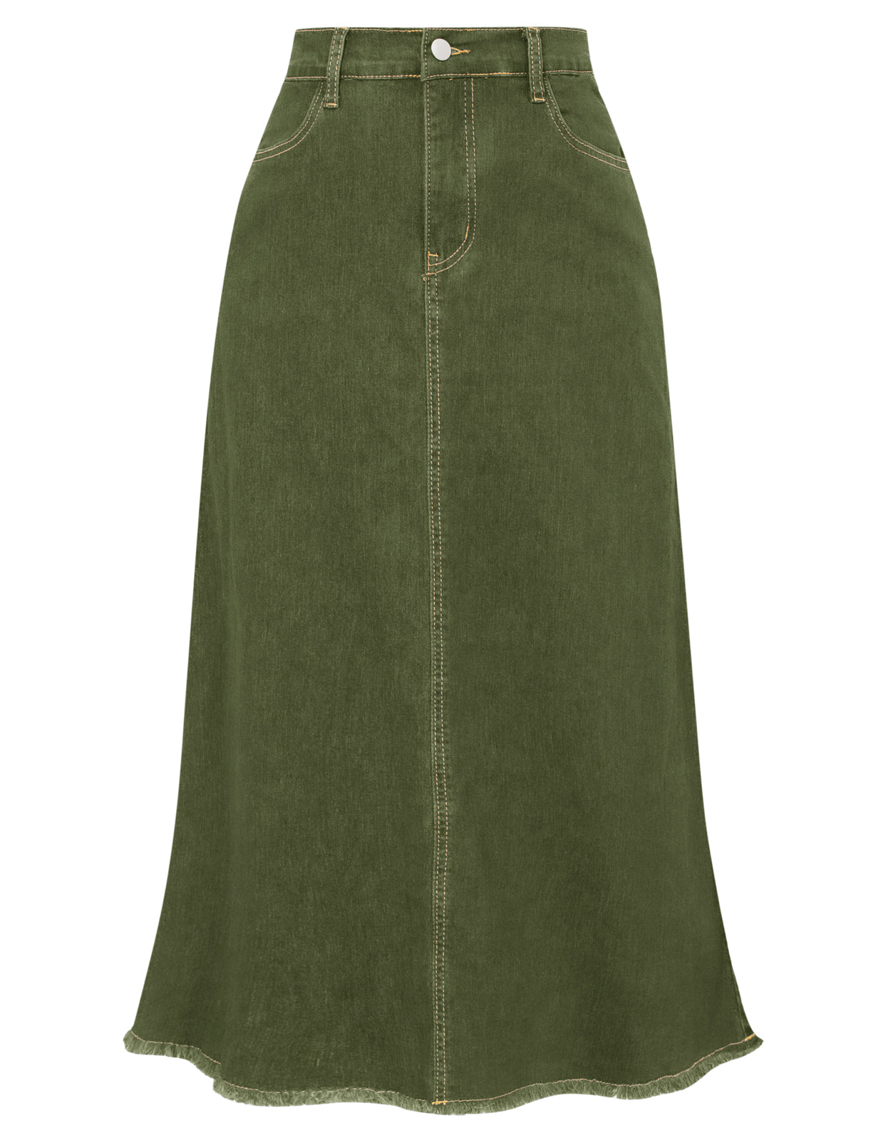 belle poque Multi-Pocket Jean Skirt Elastic High Waist Raw Hem Midi A-Line Skirt