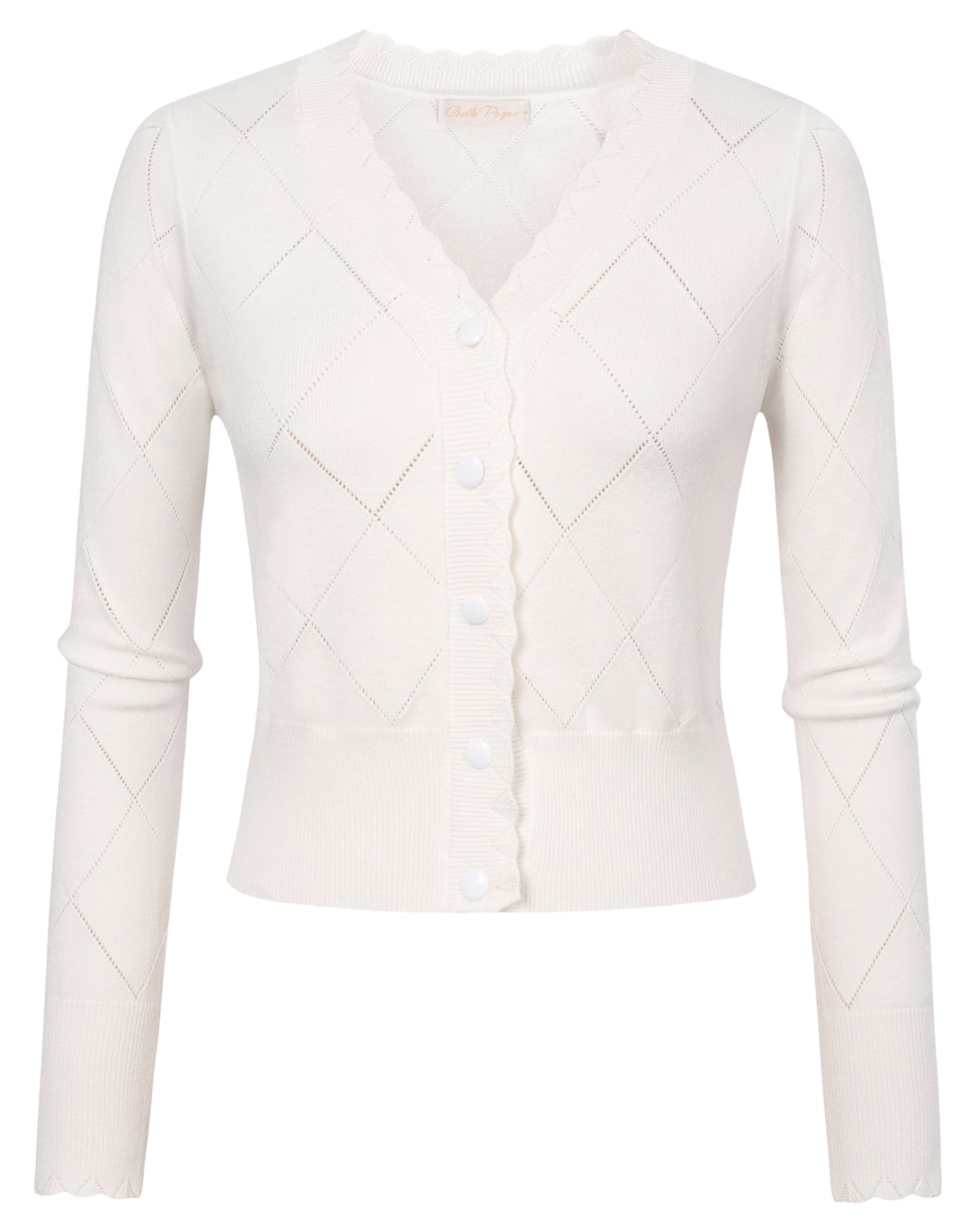belle poque Long Sleeve V-Neck Button Down Cropped Sweater Cardigan Ivory