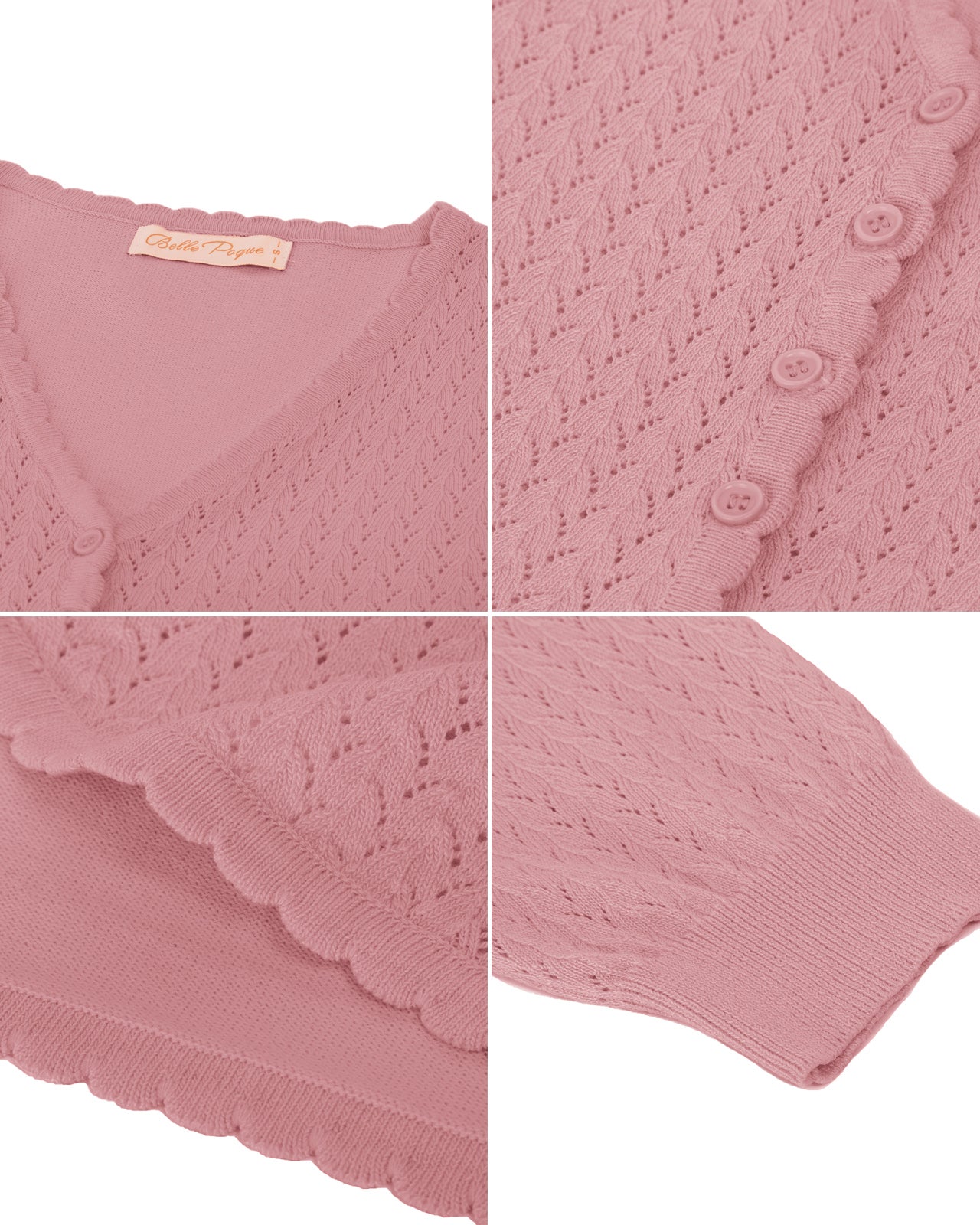 belle poque Hollowed-Out Cardigan 3/4 Sleeve V-Neck Button-up Cropped Knitwear