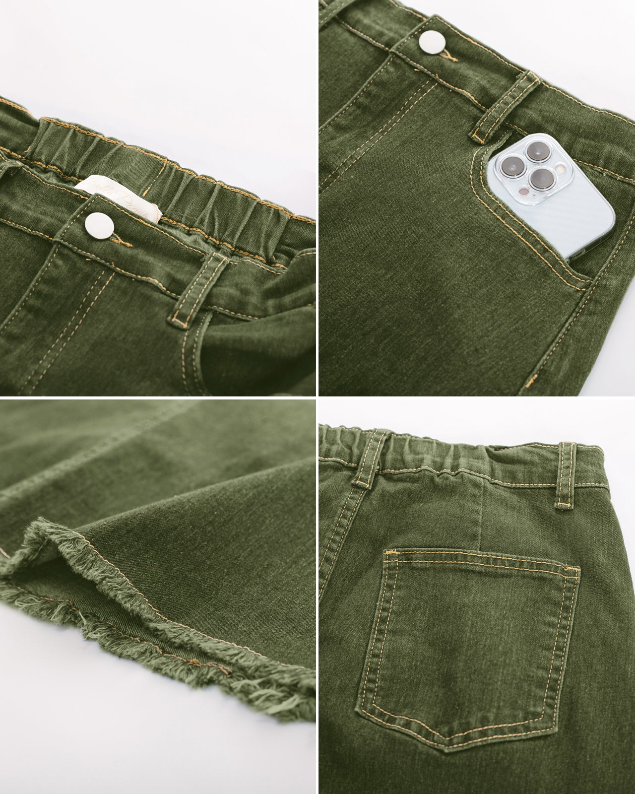 belle poque Multi-Pocket Jean Skirt Elastic High Waist Raw Hem Midi A-Line Skirt