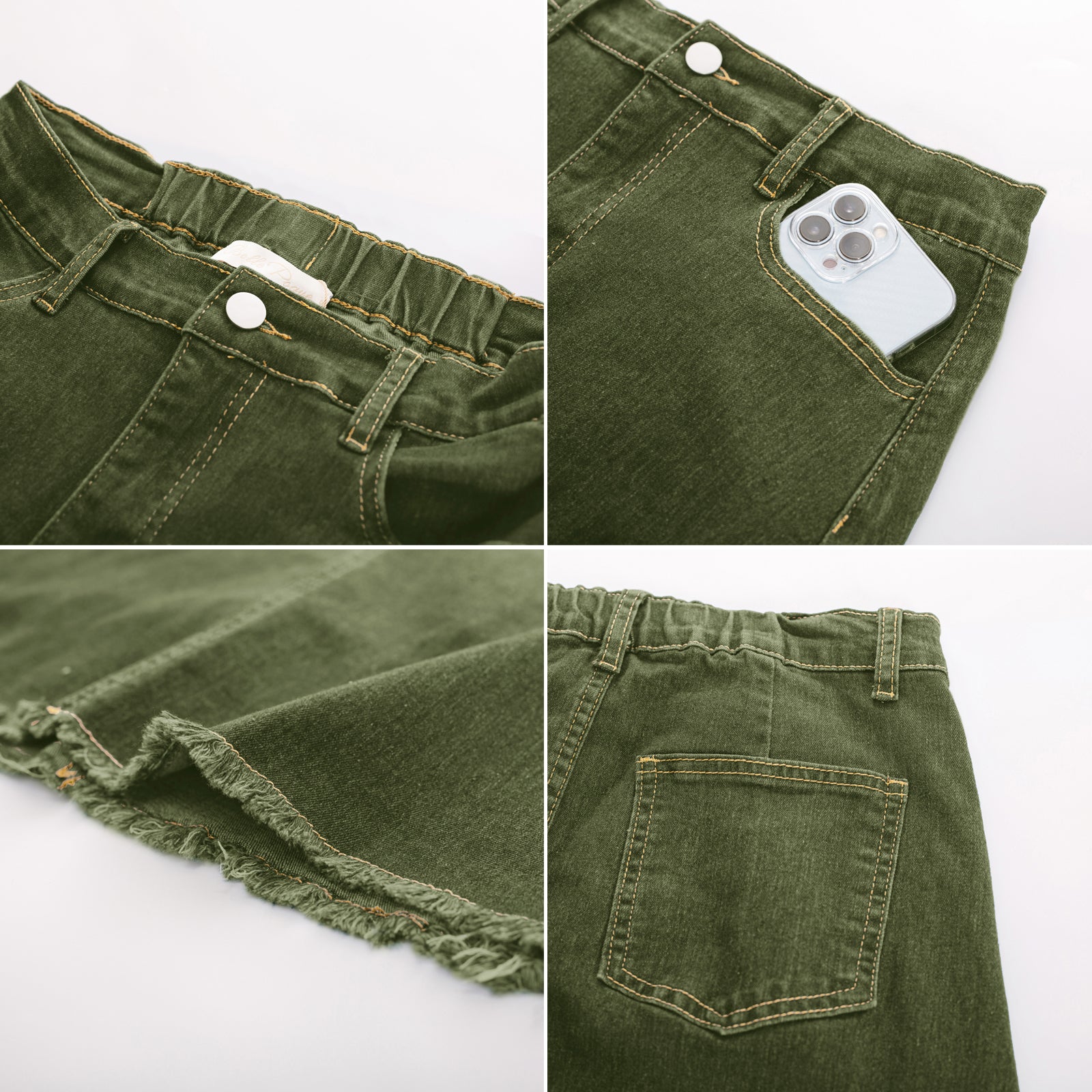 belle poque Multi-Pocket Jean Skirt Elastic High Waist Raw Hem Midi A-Line Skirt