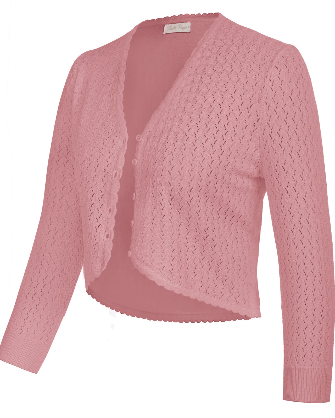 belle poque Hollowed-Out Cardigan 3/4 Sleeve V-Neck Button-up Cropped Knitwear