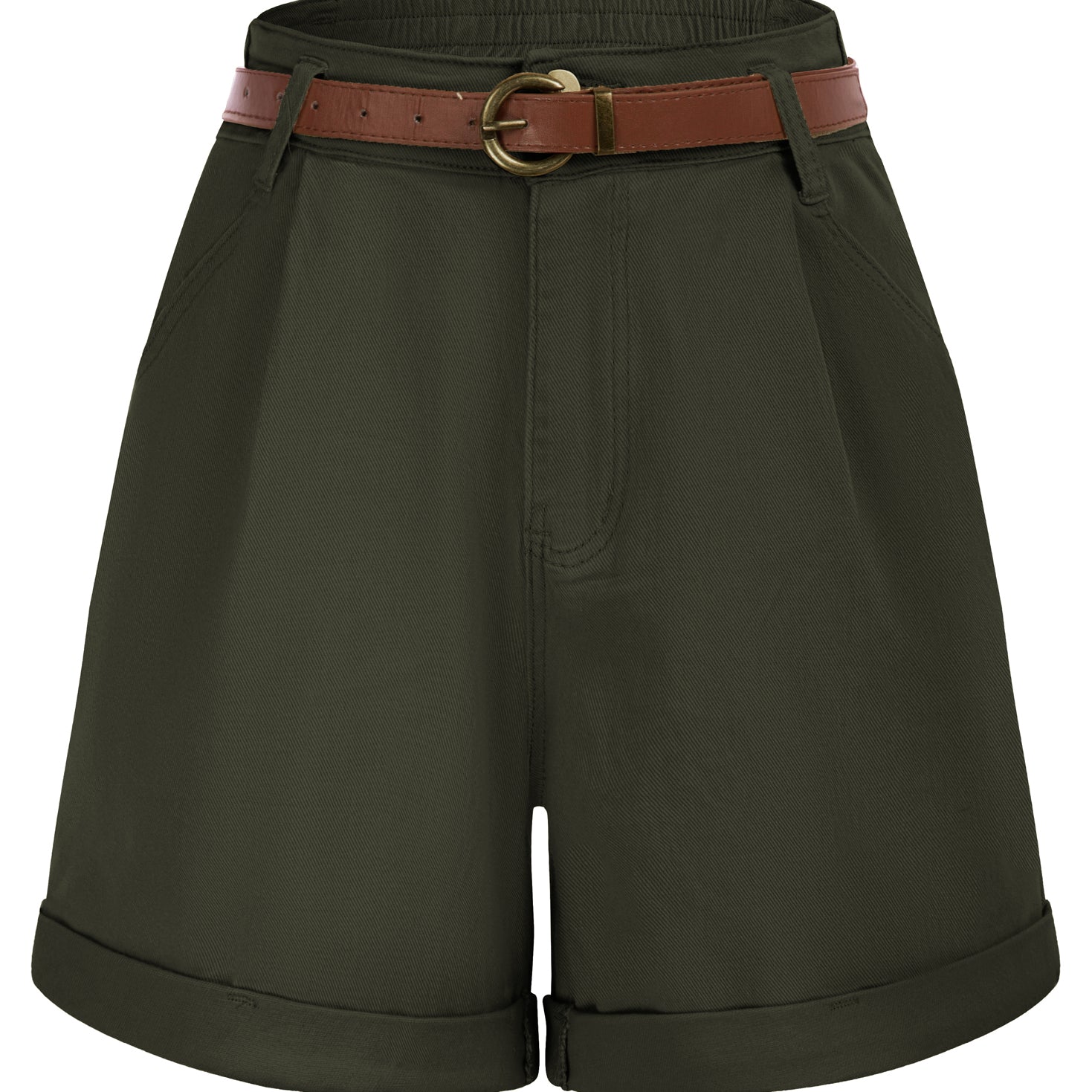 belle poque Bermuda Shorts Elastic Waist Wide Leg Shorts with Pockets & Belts Dark green