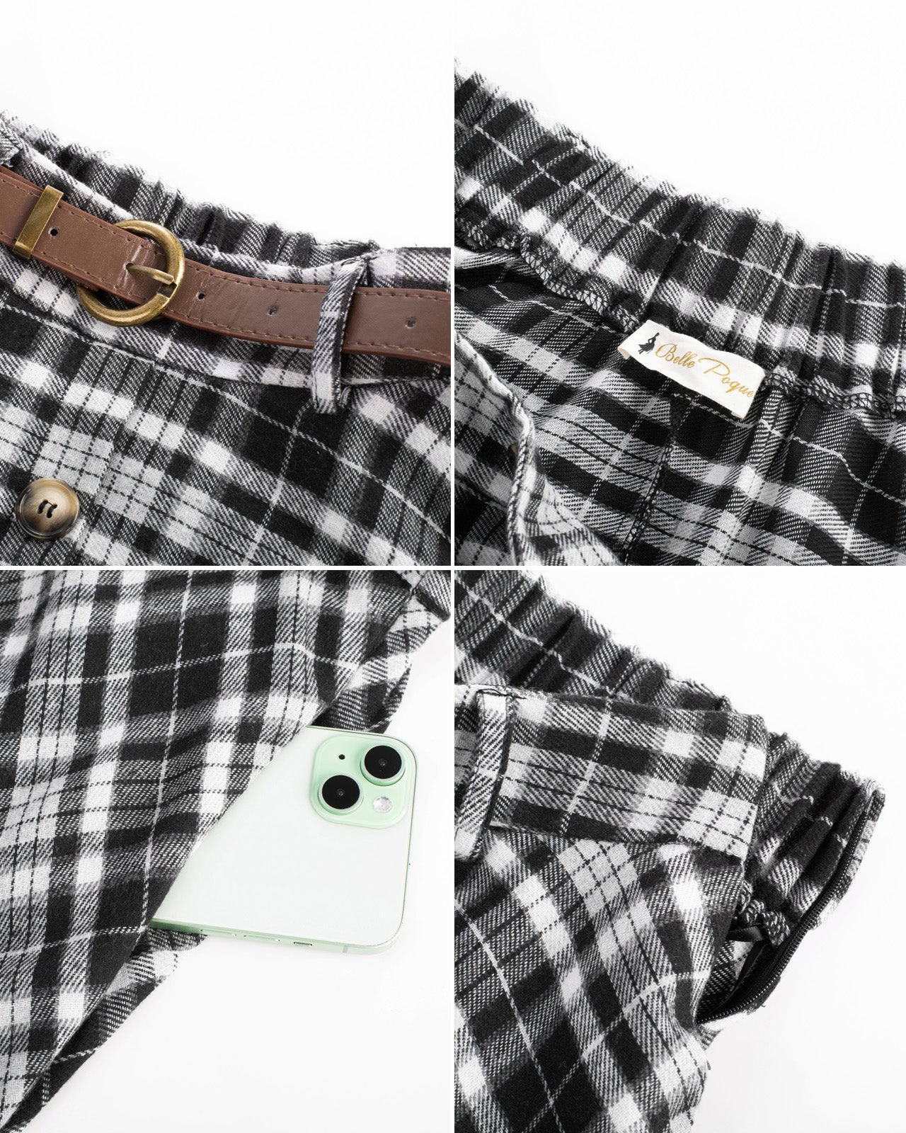 belle poque Swing Plaid Skirt with Belt Elastic High Waist Buttons Decorated Skirt