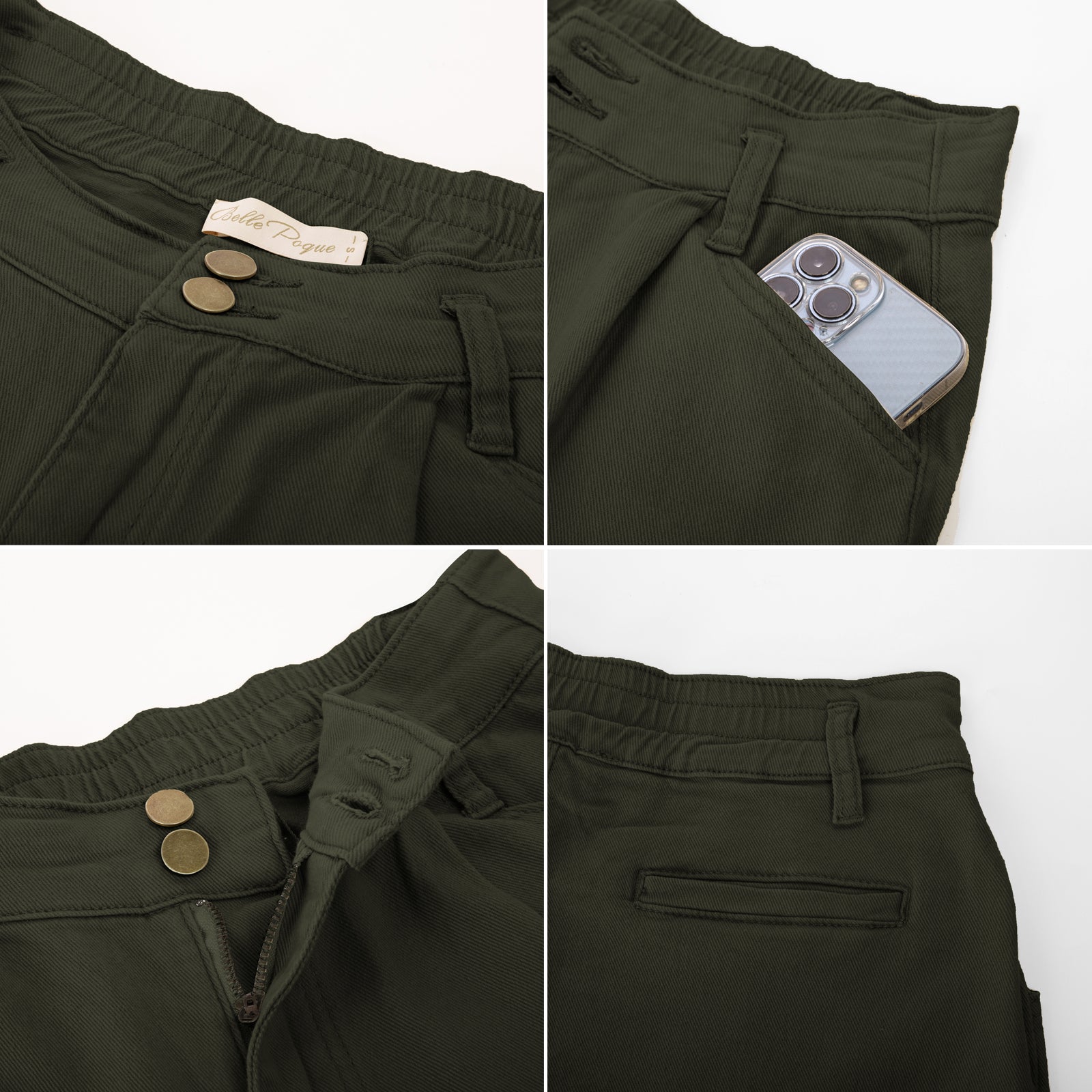 belle poque Bermuda Shorts Elastic Waist Wide Leg Shorts with Pockets & Belts