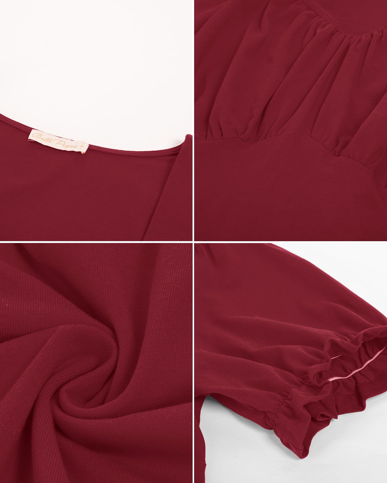 belle poque Solid Color Cotton Tops Slim Fit Puffed Short Sleeve Ruched Tops