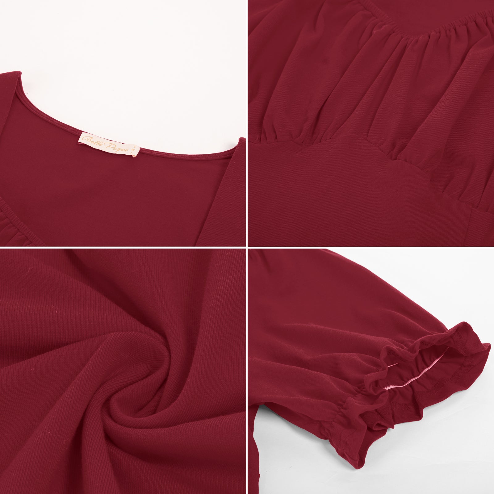 belle poque Solid Color Cotton Tops Slim Fit Puffed Short Sleeve Ruched Tops