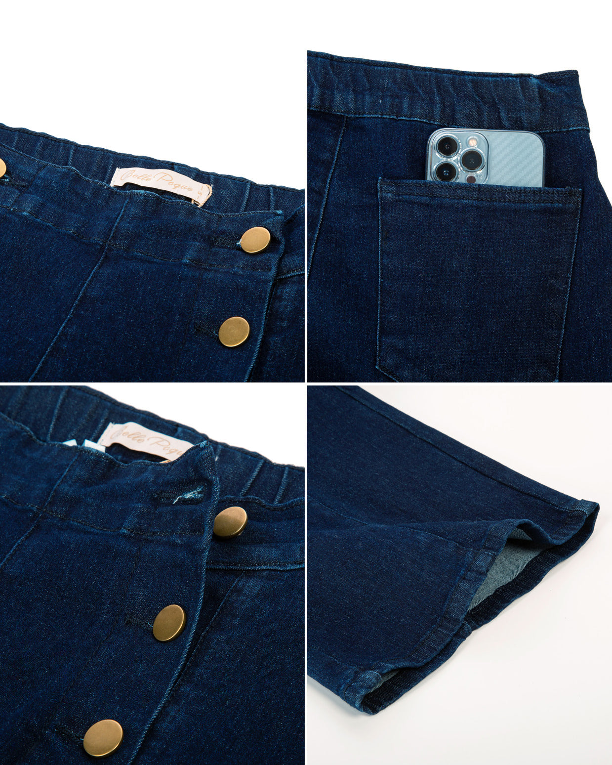 belle poque Wide Leg Jeans Button Decorated Casual Stretchy Demin Pants with Pockets