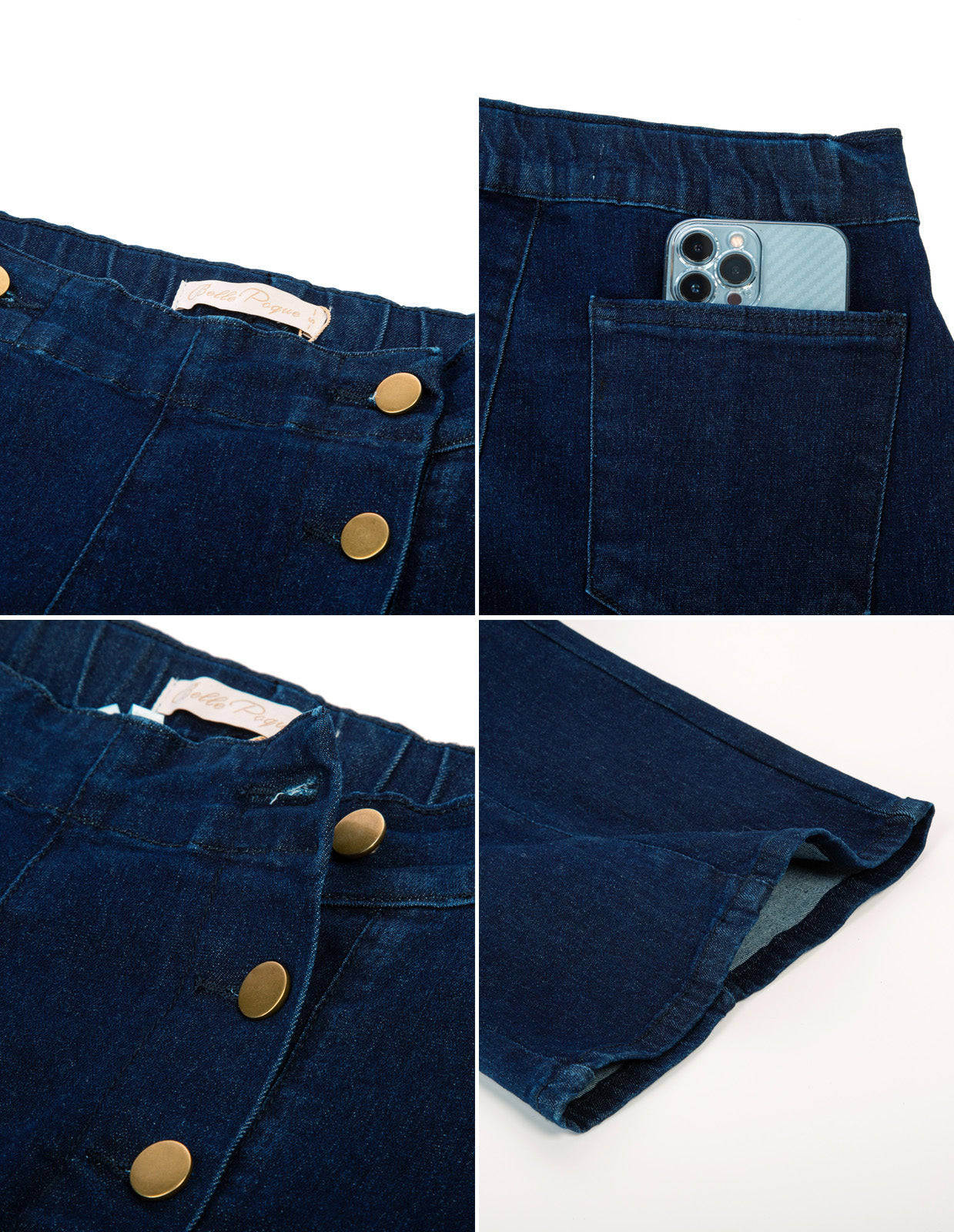 belle poque Wide Leg Jeans Button Decorated Casual Stretchy Demin Pants with Pockets