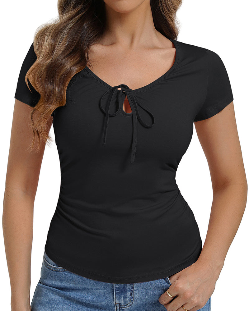 belle poque 2026 Women's Tops Pleated Bow Tie Front Shirts Spring Summer Casual Knit Top