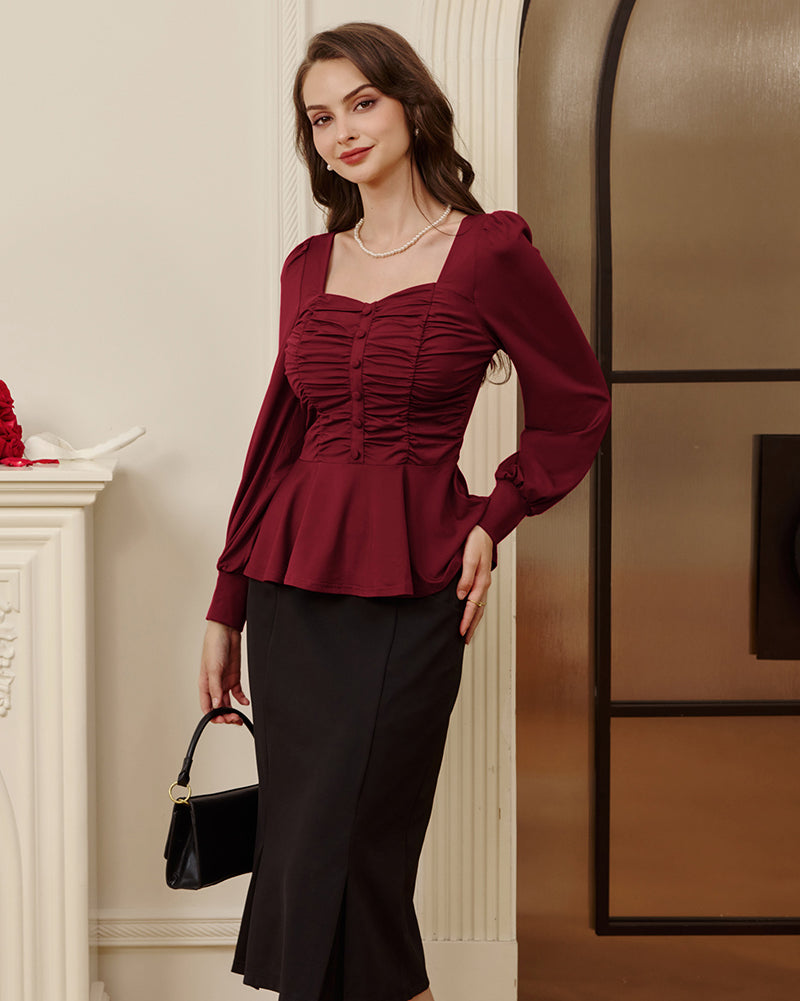 belle poque Women Vintage Ruched Tops Puffed Long Sleeve Peplum Hem Tops