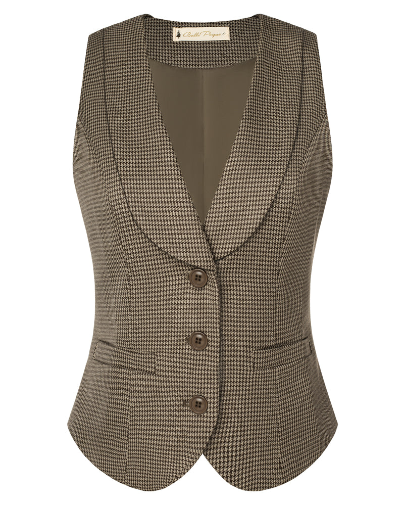 belle poque Vintage Lapel Collar Suit Vest Tops for Women Work Dressy Waistcoat Blazer with Pockets Dark Brown