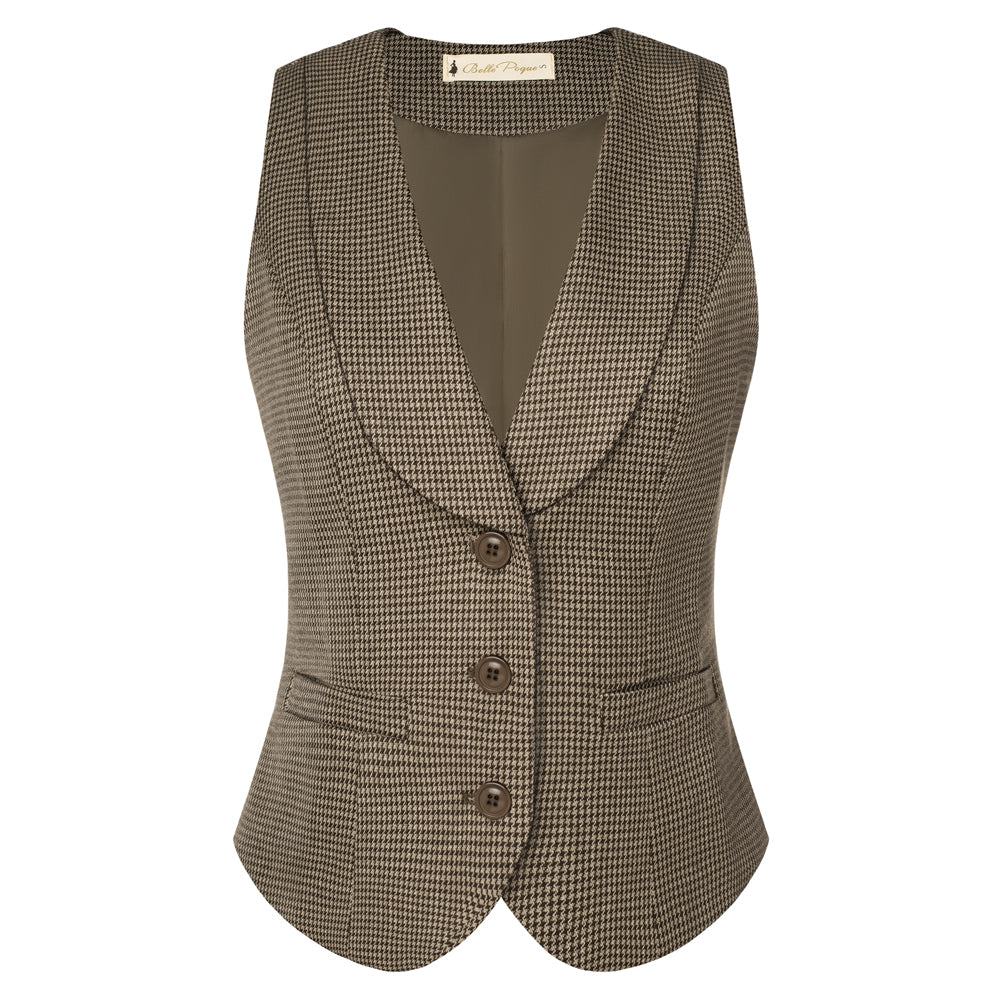 belle poque Vintage Lapel Collar Suit Vest Tops for Women Work Dressy Waistcoat Blazer with Pockets Dark Brown