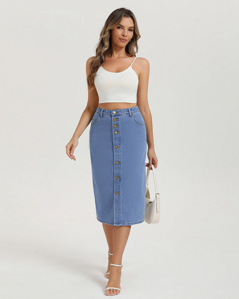 belle poque 1980s Vintage Jean Skirts for Women Front Slit Midi Work Skirt with Pockets