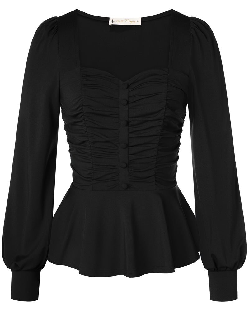 belle poque Women Vintage Ruched Tops Puffed Long Sleeve Peplum Hem Tops Black
