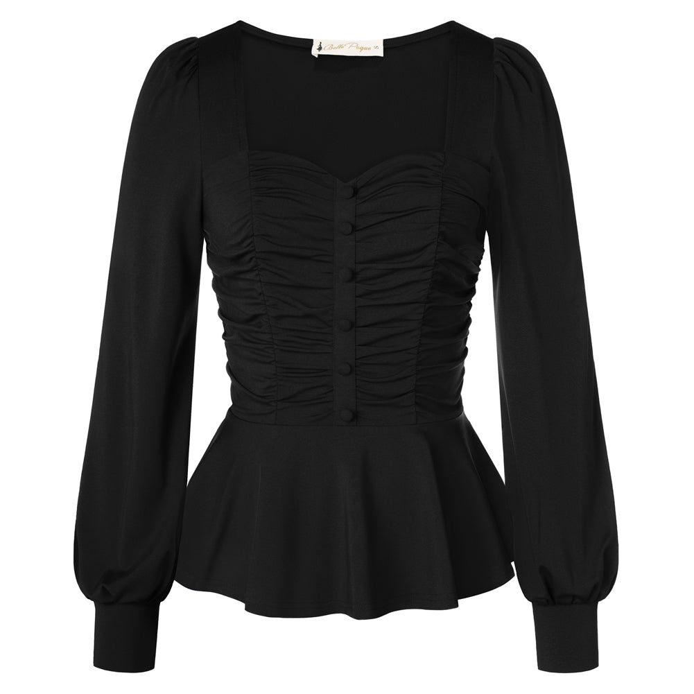 belle poque Women Vintage Ruched Tops Puffed Long Sleeve Peplum Hem Tops Black