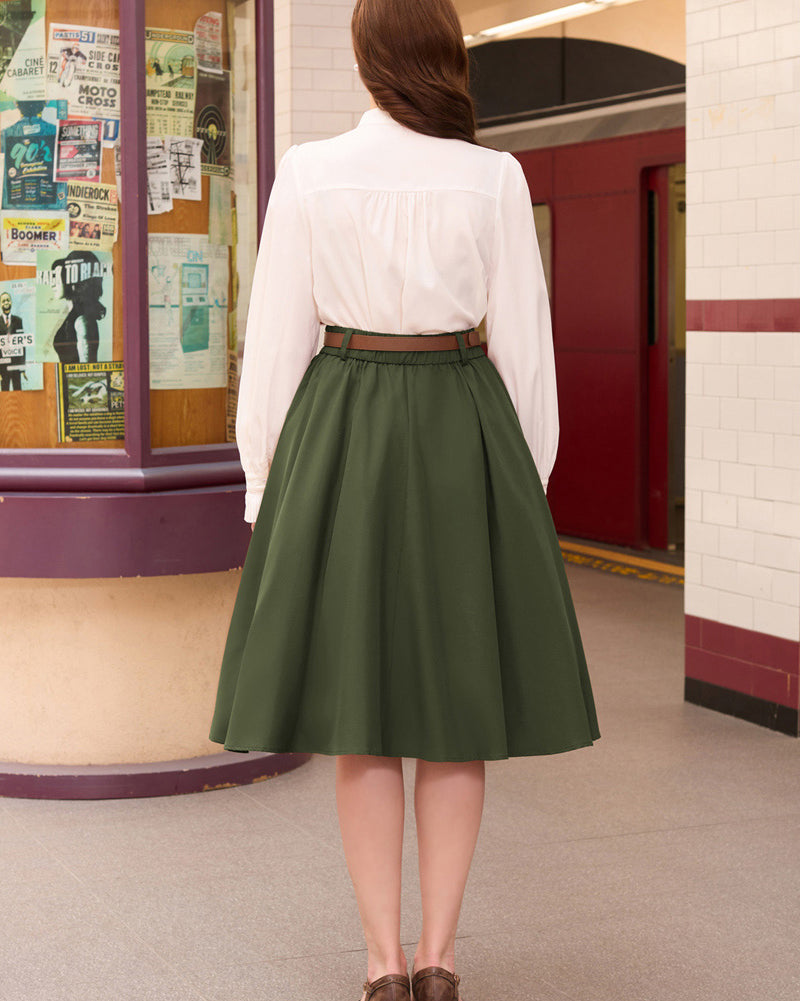 belle poque Swing Skirt with Belt Elastic High Waist Buttons Decorated Skirt