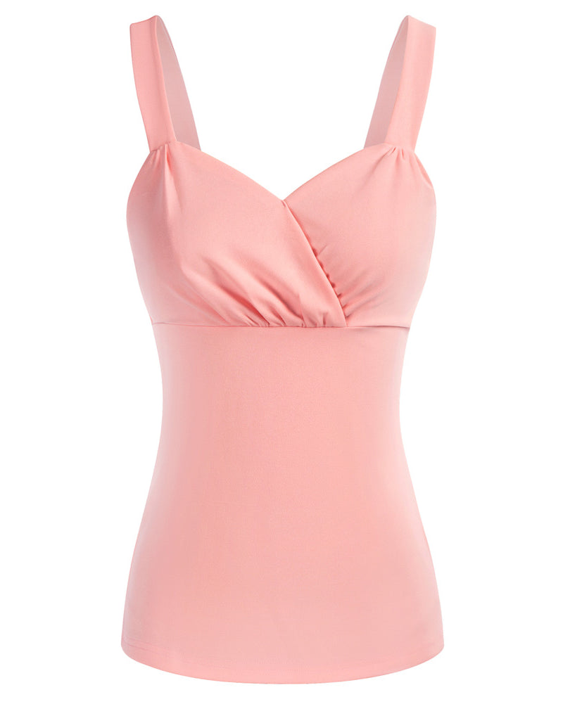 belle poque Seckill Offer⌛Solid Clolor Surplice V-Neck Tops Slim Fit Ruched Bodice Tops Pink