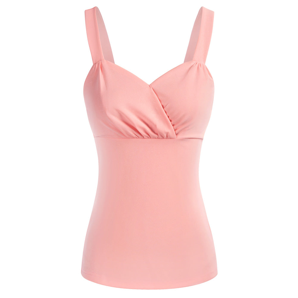 belle poque Seckill Offer⌛Solid Clolor Surplice V-Neck Tops Slim Fit Ruched Bodice Tops Pink