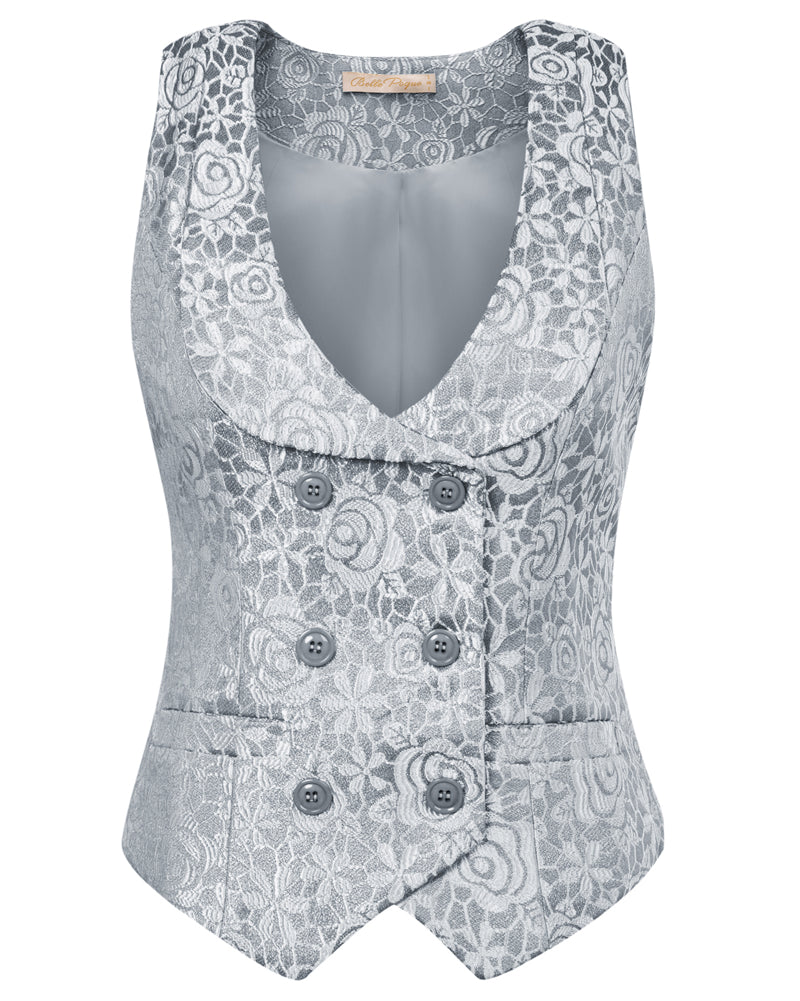 belle poque Vintage Floral Printed Double Breasted Vest Deep V-Neck Handkerchief Hem Vest Coat Silver