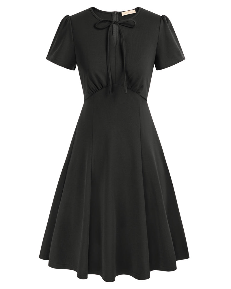 belle poque Vintage A-Line Swing Dress Keyhole Tie Dress Round Neck Work Dress Tea Dress Black