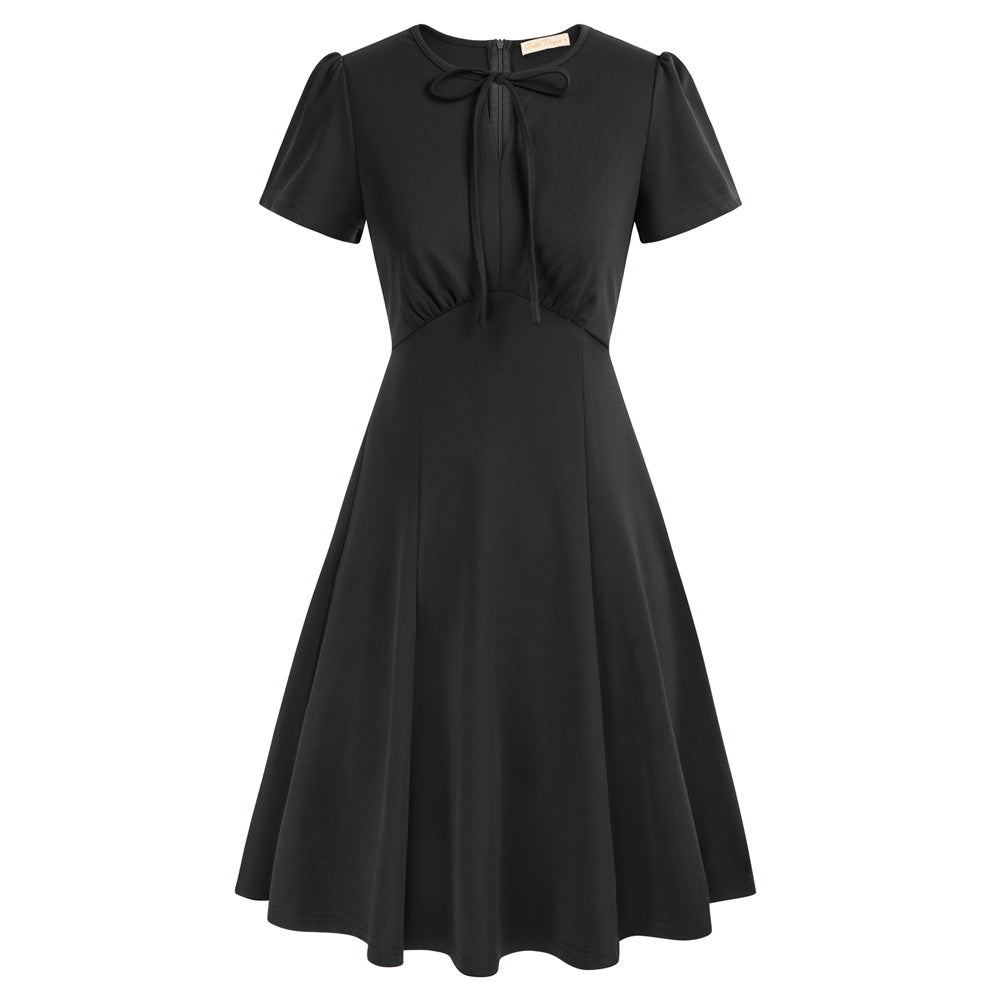 belle poque Vintage A-Line Swing Dress Keyhole Tie Dress Round Neck Work Dress Tea Dress Black