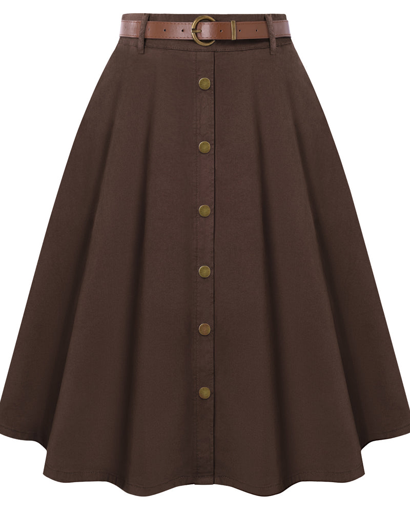 belle poque Women's Denim Skirts 1950s Vintage A-Line Jean Skirts with Pockets Brown