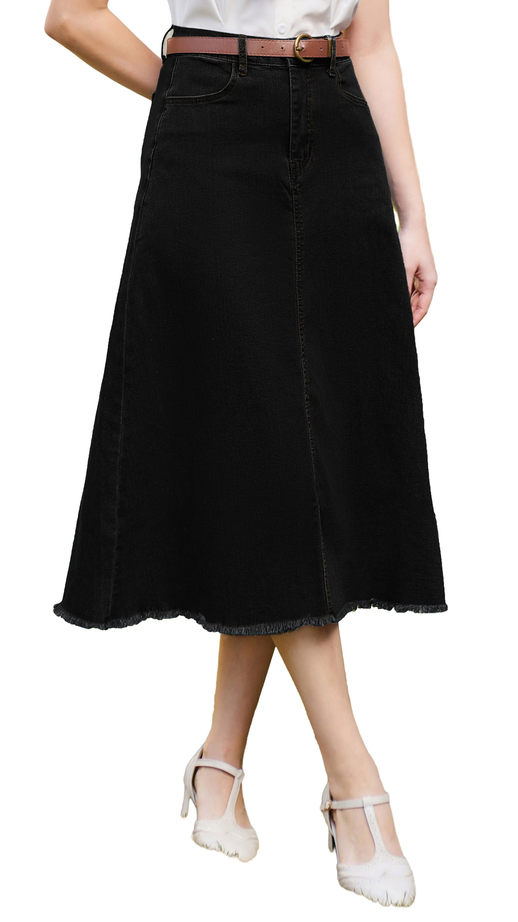 belle poque Multi-Pocket Jean Skirt Elastic High Waist Raw Hem Midi A-Line Skirt