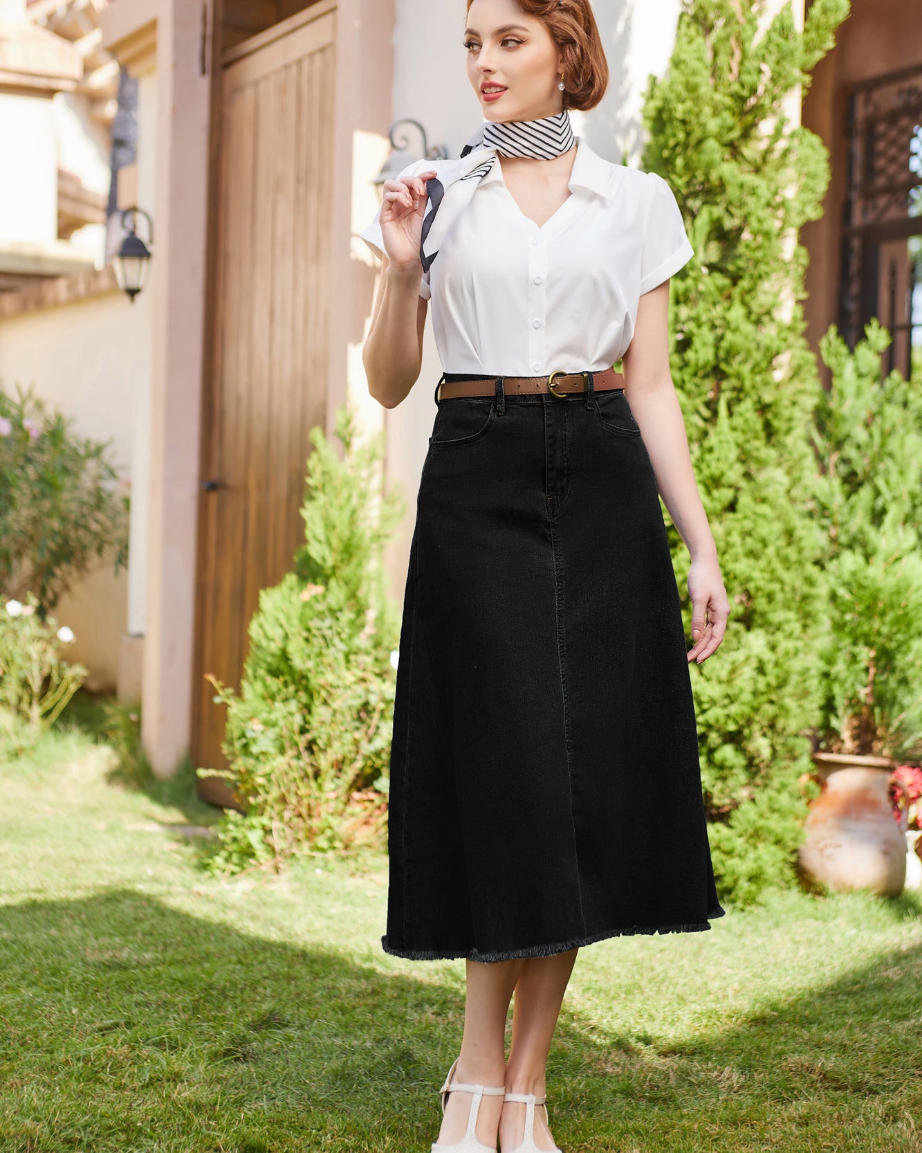 belle poque Multi-Pocket Jean Skirt Elastic High Waist Raw Hem Midi A-Line Skirt