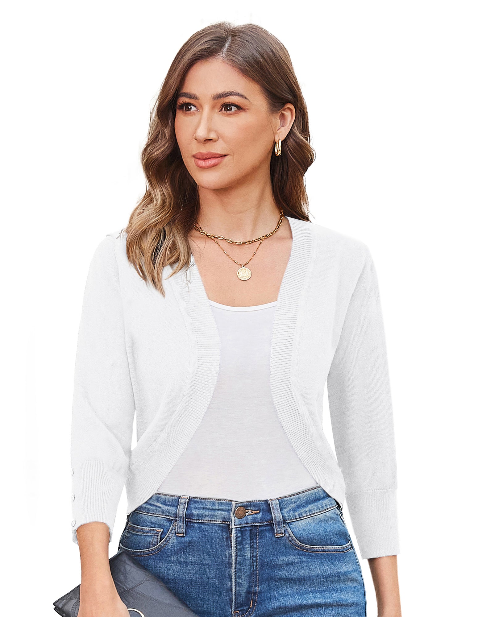 belle poque 3/4 Sleeve Bolero Shrug Open Front Knit Cropped Cardigan Sweater