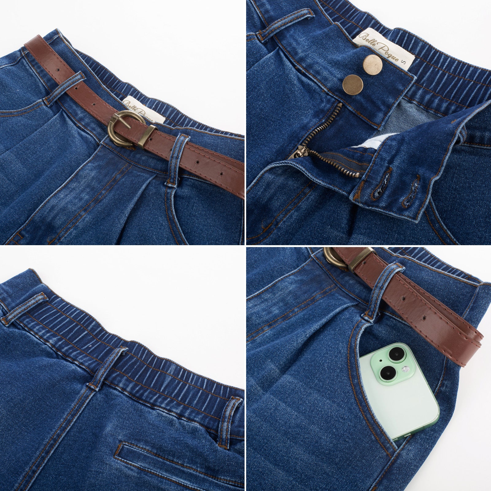 belle poque Bermuda Shorts Elastic Waist Wide Leg Shorts with Pockets & Belts