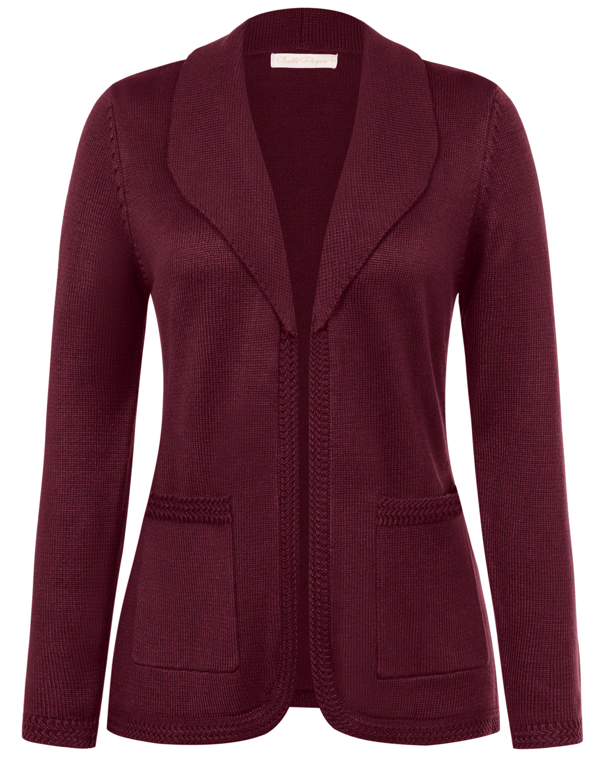 belle poque Vintage Cardigan Sweater Blazer V Neck Shawl Lapel Collar with Pockets Wine
