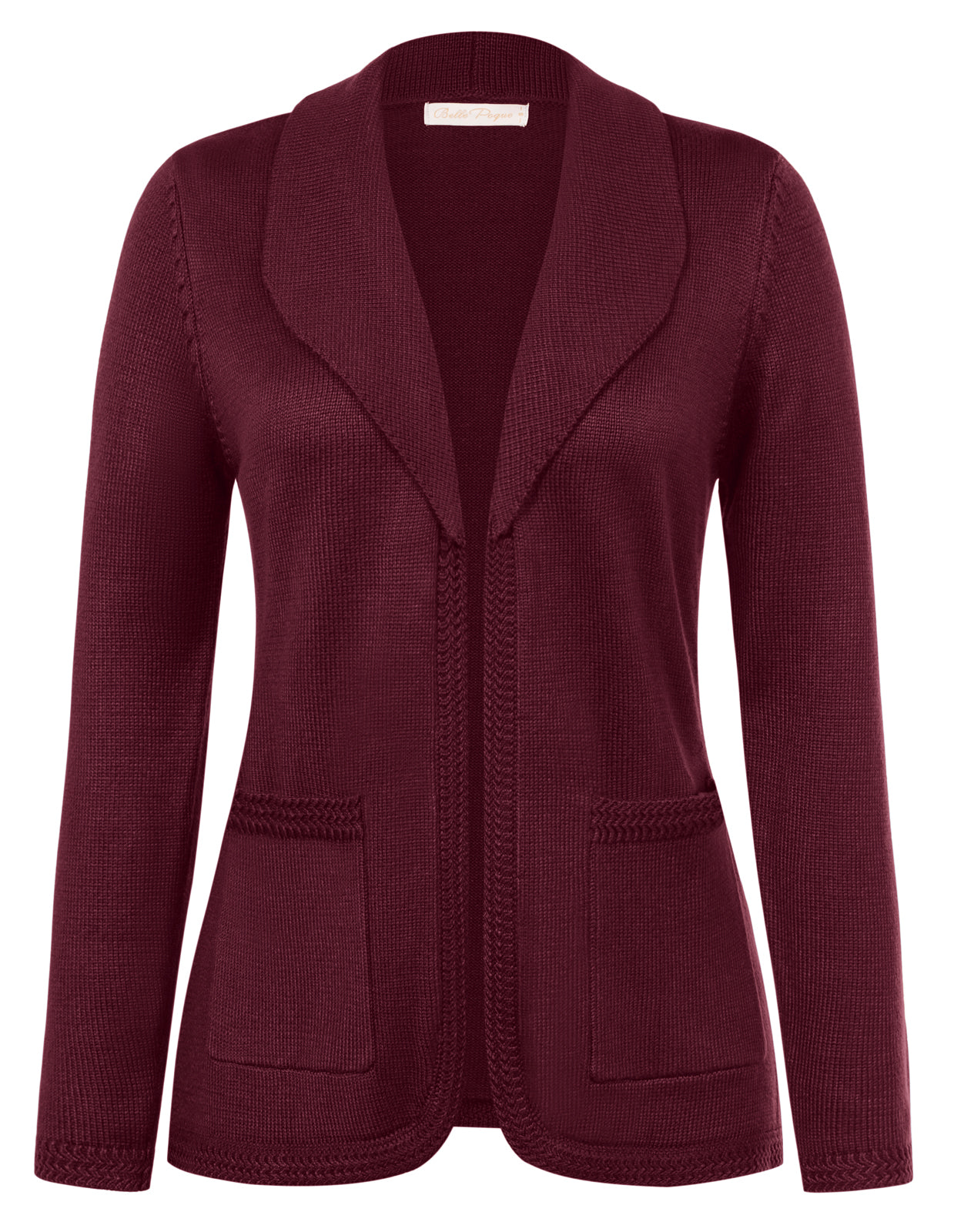belle poque Vintage Cardigan Sweater Blazer V Neck Shawl Lapel Collar with Pockets Wine