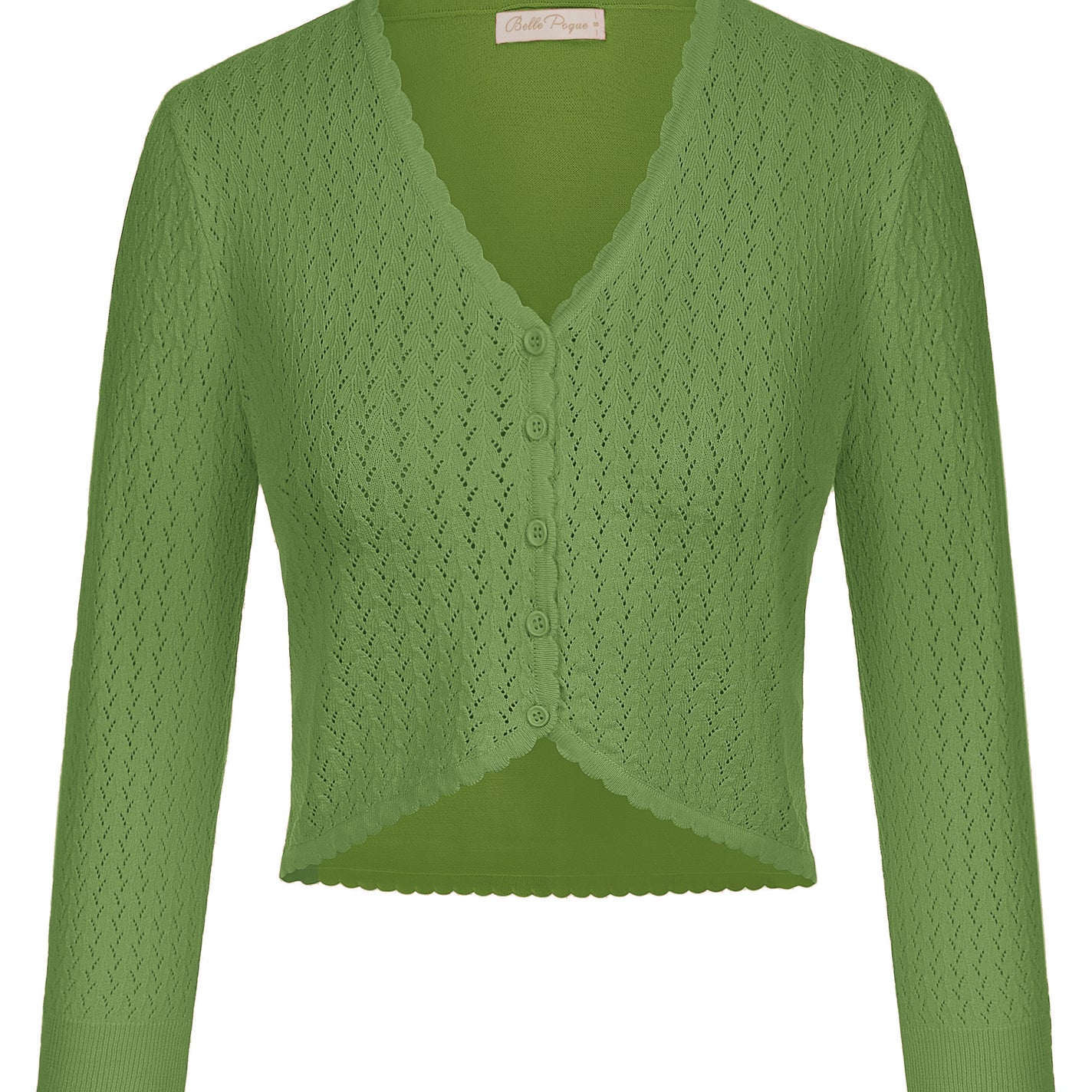 belle poque Hollowed-Out Cardigan 3/4 Sleeve V-Neck Button-up Cropped Knitwear Green