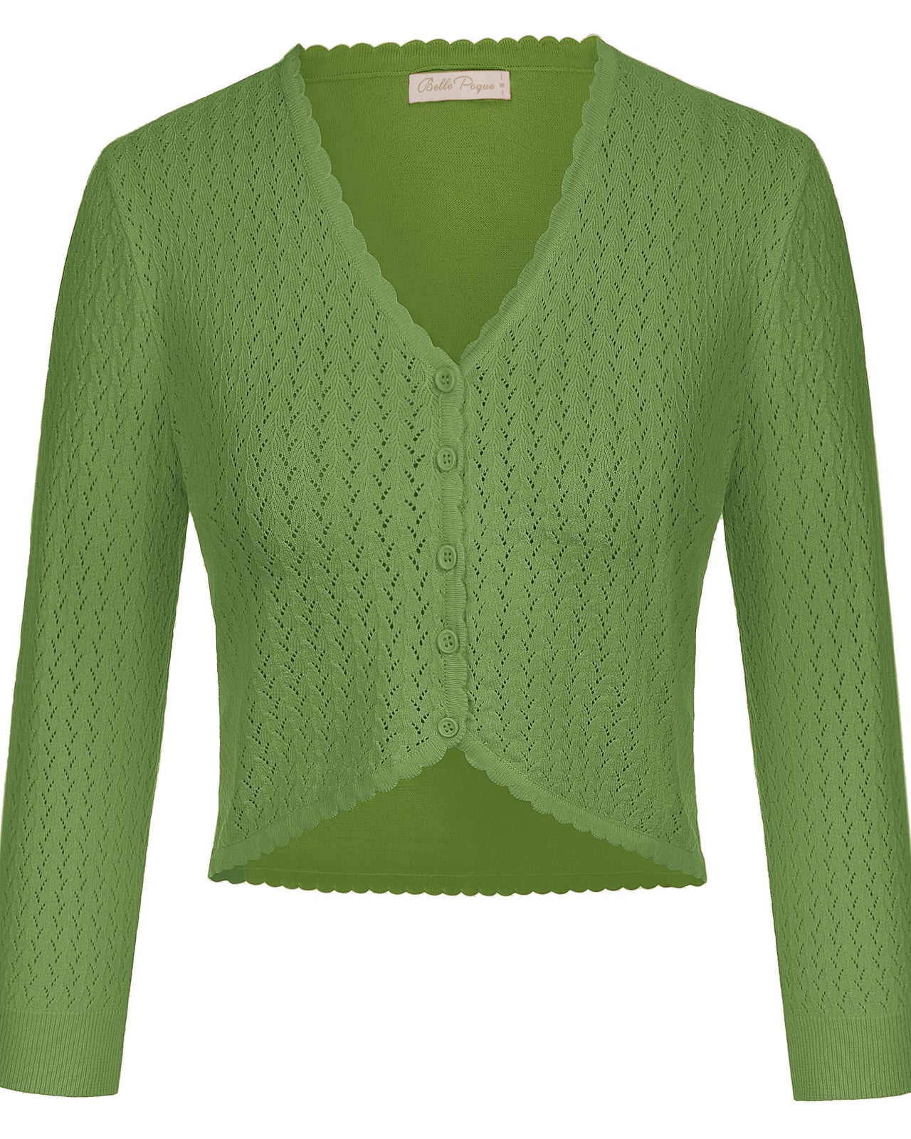 belle poque Hollowed-Out Cardigan 3/4 Sleeve V-Neck Button-up Cropped Knitwear Green
