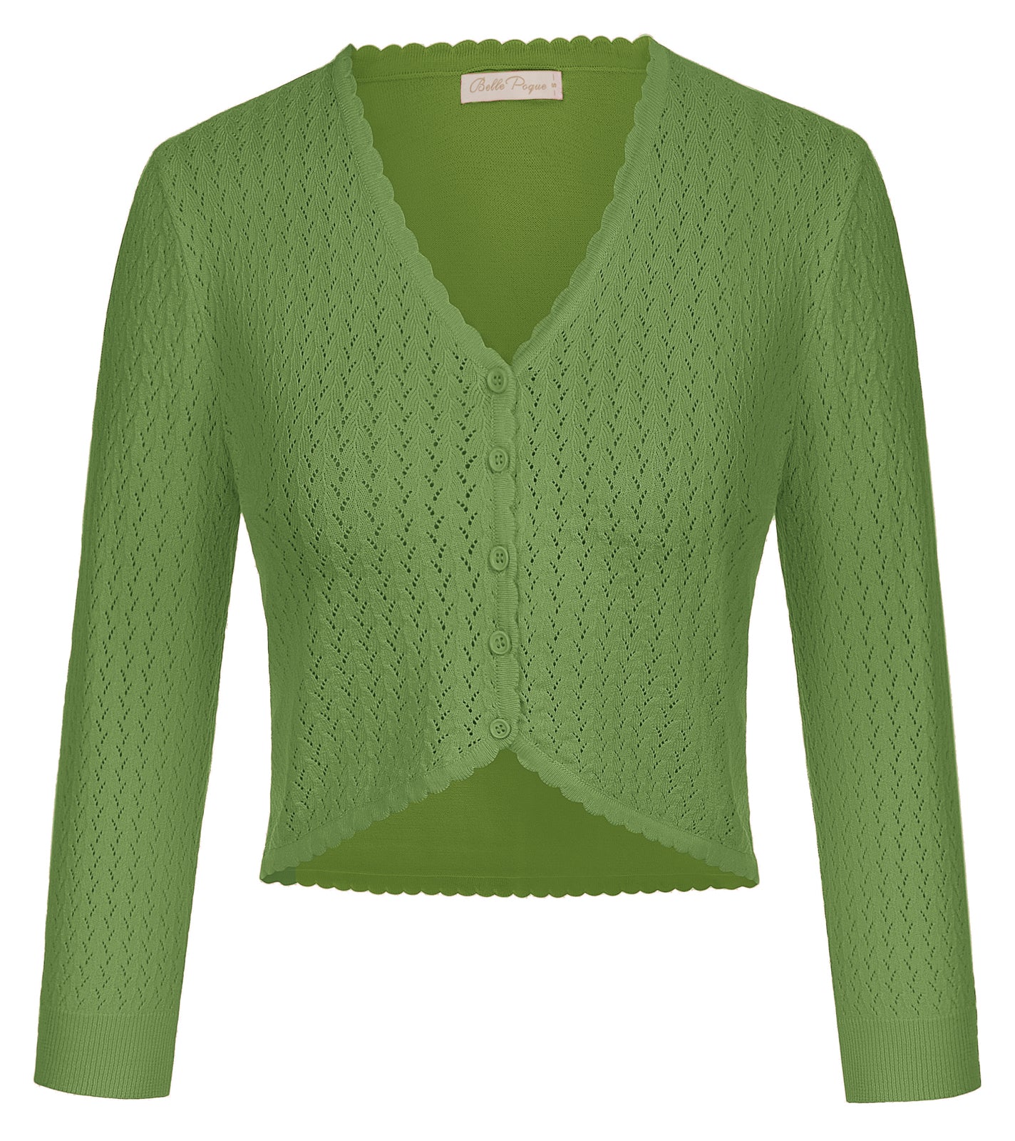 belle poque Hollowed-Out Cardigan 3/4 Sleeve V-Neck Button-up Cropped Knitwear Green