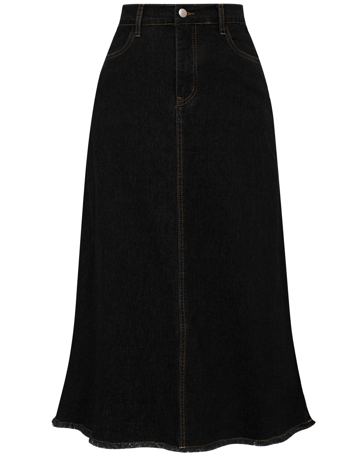 belle poque Multi-Pocket Jean Skirt Elastic High Waist Raw Hem Midi A-Line Skirt Black