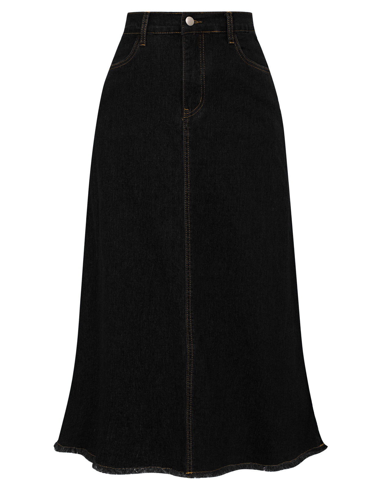 belle poque Multi-Pocket Jean Skirt Elastic High Waist Raw Hem Midi A-Line Skirt Black
