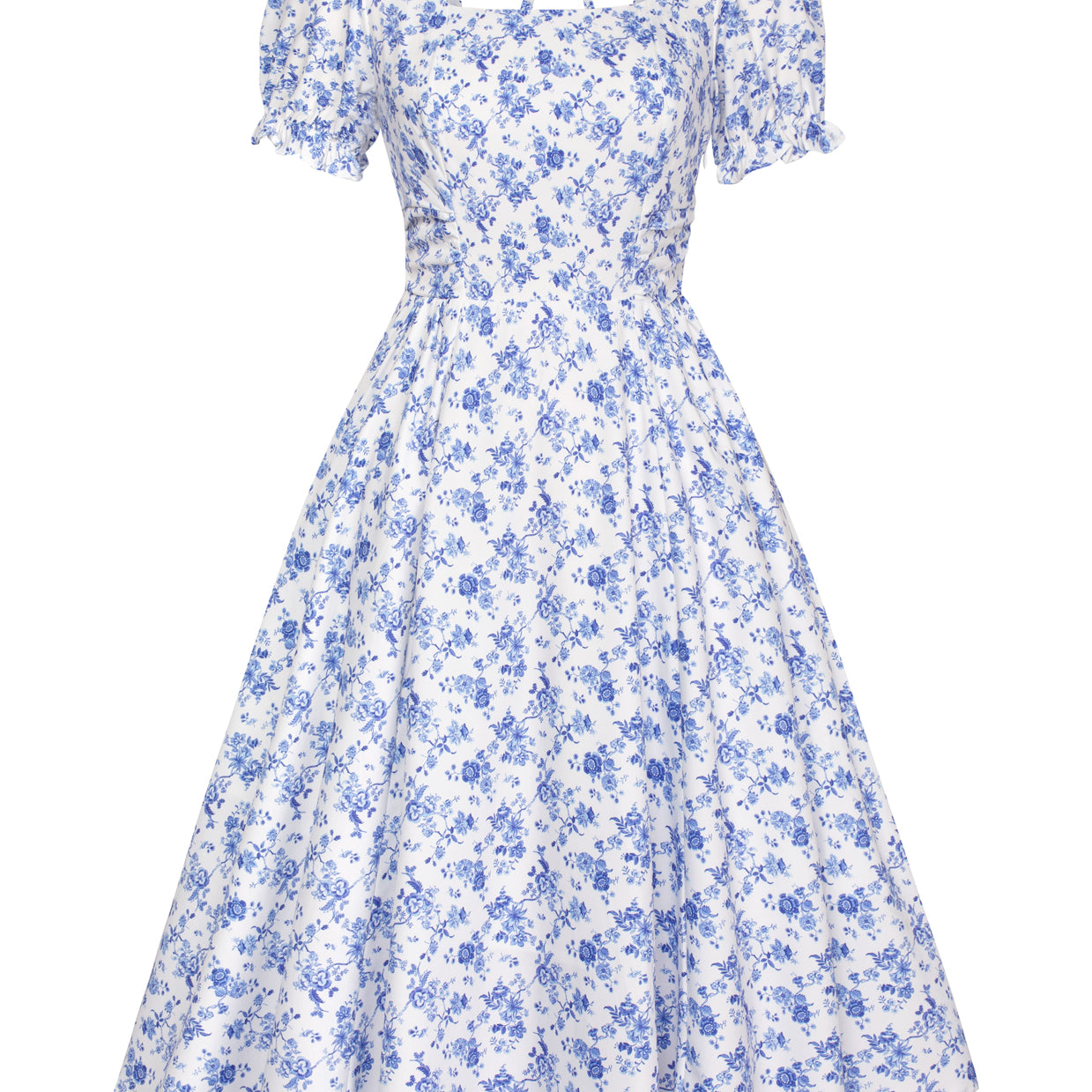 belle poque Vintage Daisy Flower Print Cottagecore Cocktail Dresses Square Neck Puff Sleeve Dress with Pockets Floral