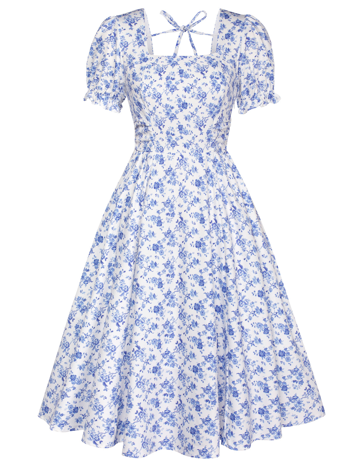 belle poque Vintage Daisy Flower Print Cottagecore Cocktail Dresses Square Neck Puff Sleeve Dress with Pockets Floral