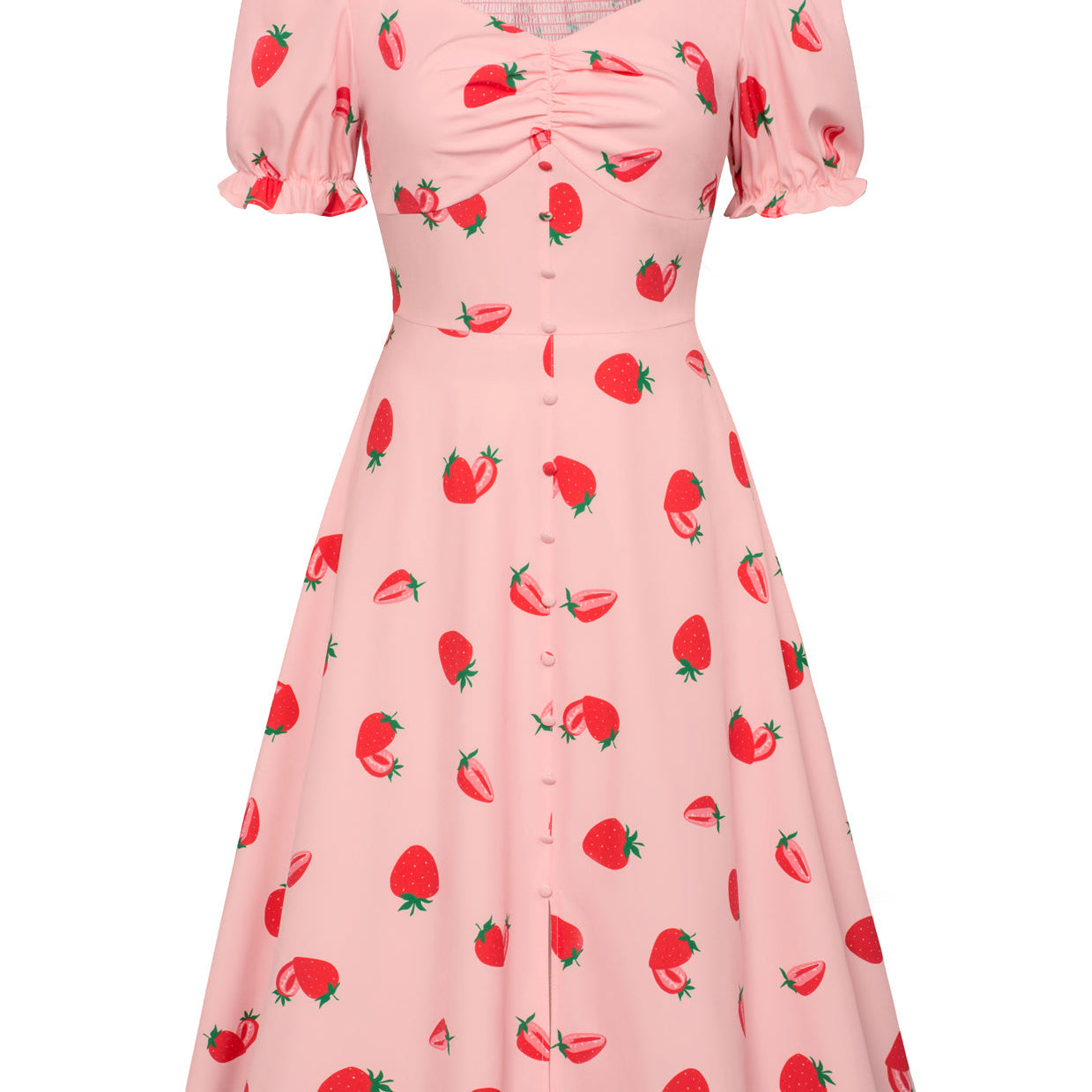 belle poque Vintage Strawberry Patterns Front Slit Dress Puffed Short Sleeve Sweetheart Neck Dress Strawberry