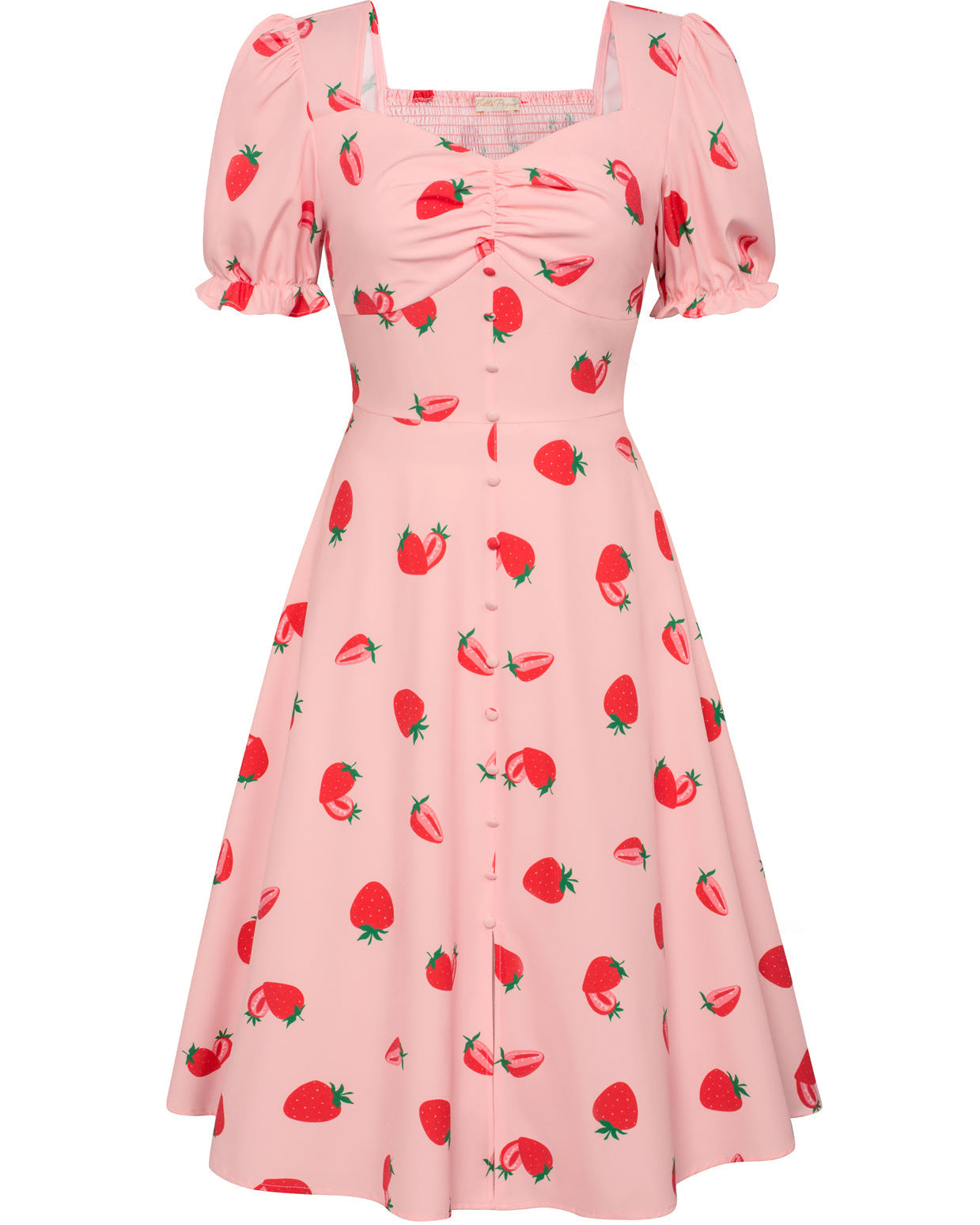 belle poque Vintage Strawberry Patterns Front Slit Dress Puffed Short Sleeve Sweetheart Neck Dress Strawberry
