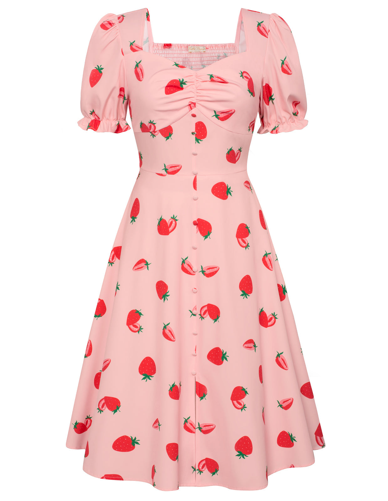 belle poque Vintage Strawberry Patterns Front Slit Dress Puffed Short Sleeve Sweetheart Neck Dress Strawberry