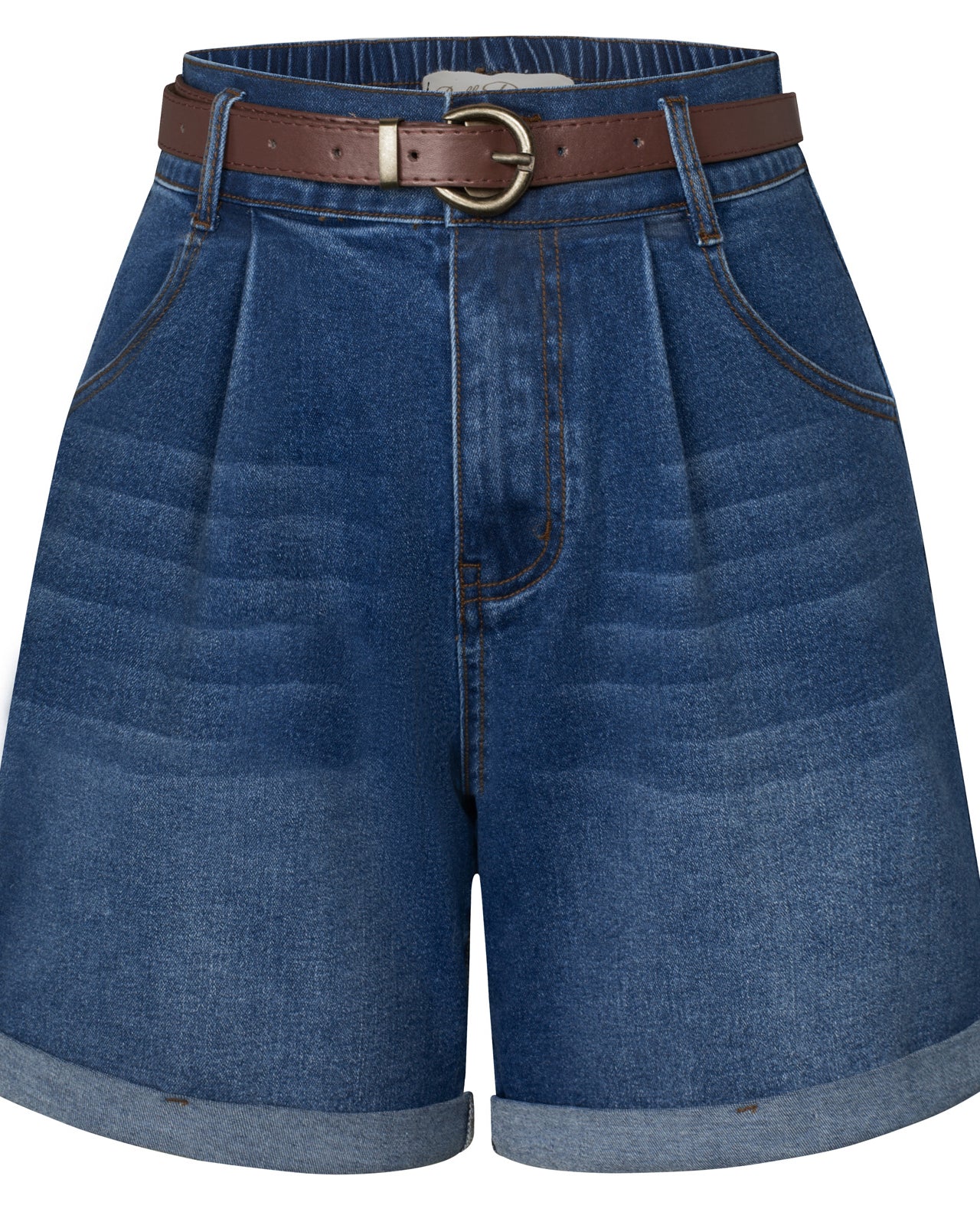 belle poque Bermuda Shorts Elastic Waist Wide Leg Shorts with Pockets & Belts Dark blue